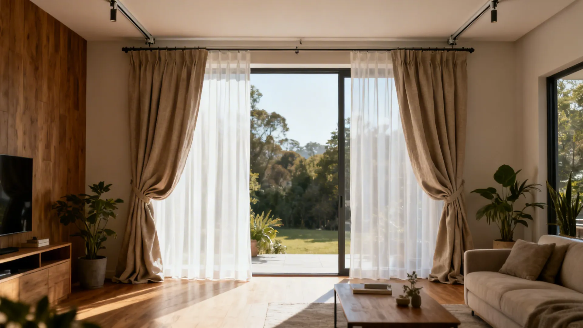 Living room with large windows and layered sheer and linen curtains on ceiling tracks.