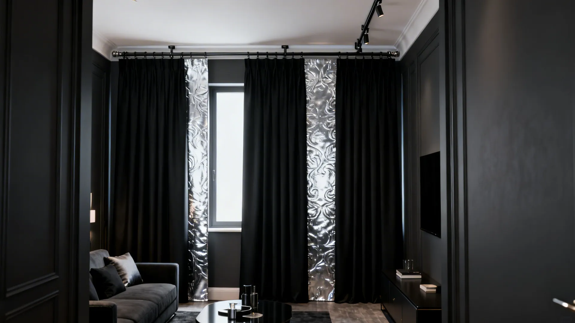 Modern dark living room with black curtains and shiny silver wall panels behind the sofa