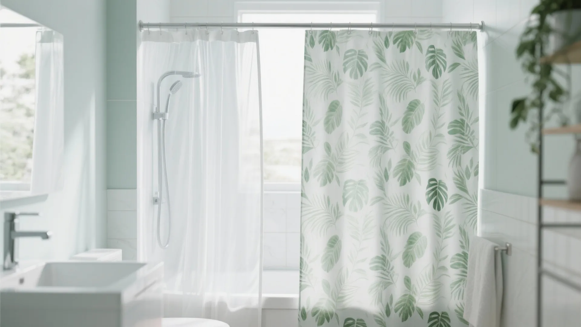 White bathroom featuring sheer white inner curtain and an outer green leaf patterned shower curtain