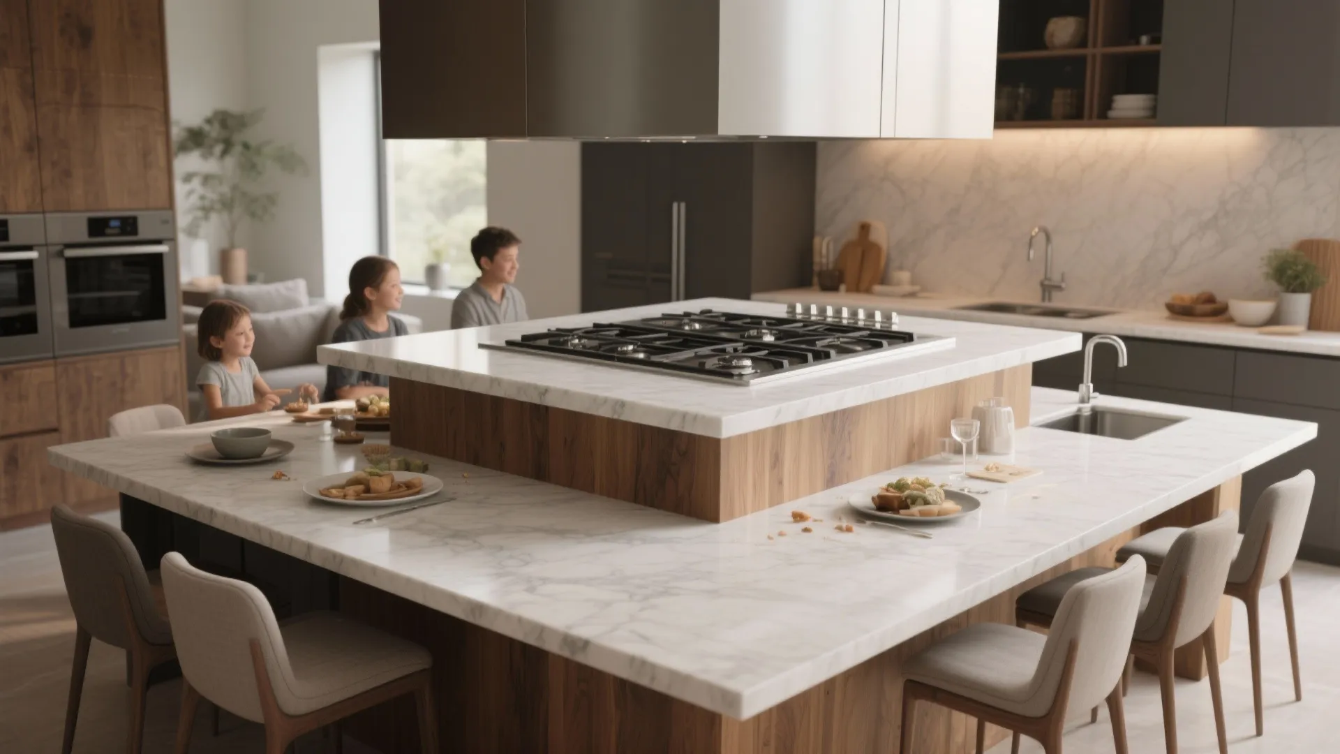 Two-level kitchen island with a raised cooktop surface and a lower seating counter.