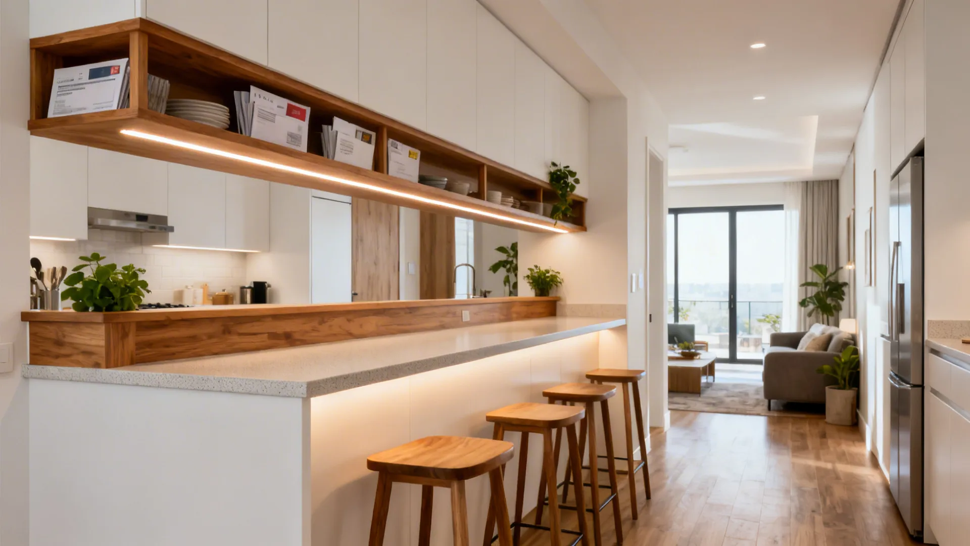 Two-level breakfast bar with a 36-inch prep counter and a 42-inch perch lit by LED strips.