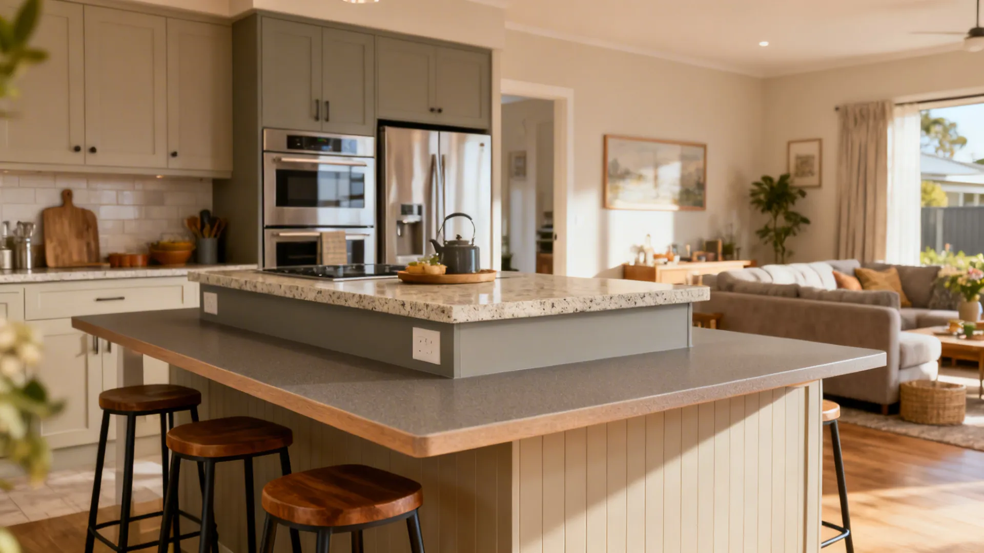Two-level breakfast bar with higher prep tier and lower dining tier in a family kitchen.