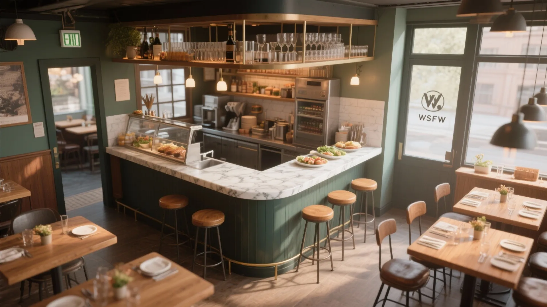 Small cafe interior with green walls marble counter wooden stools dining tables and natural light