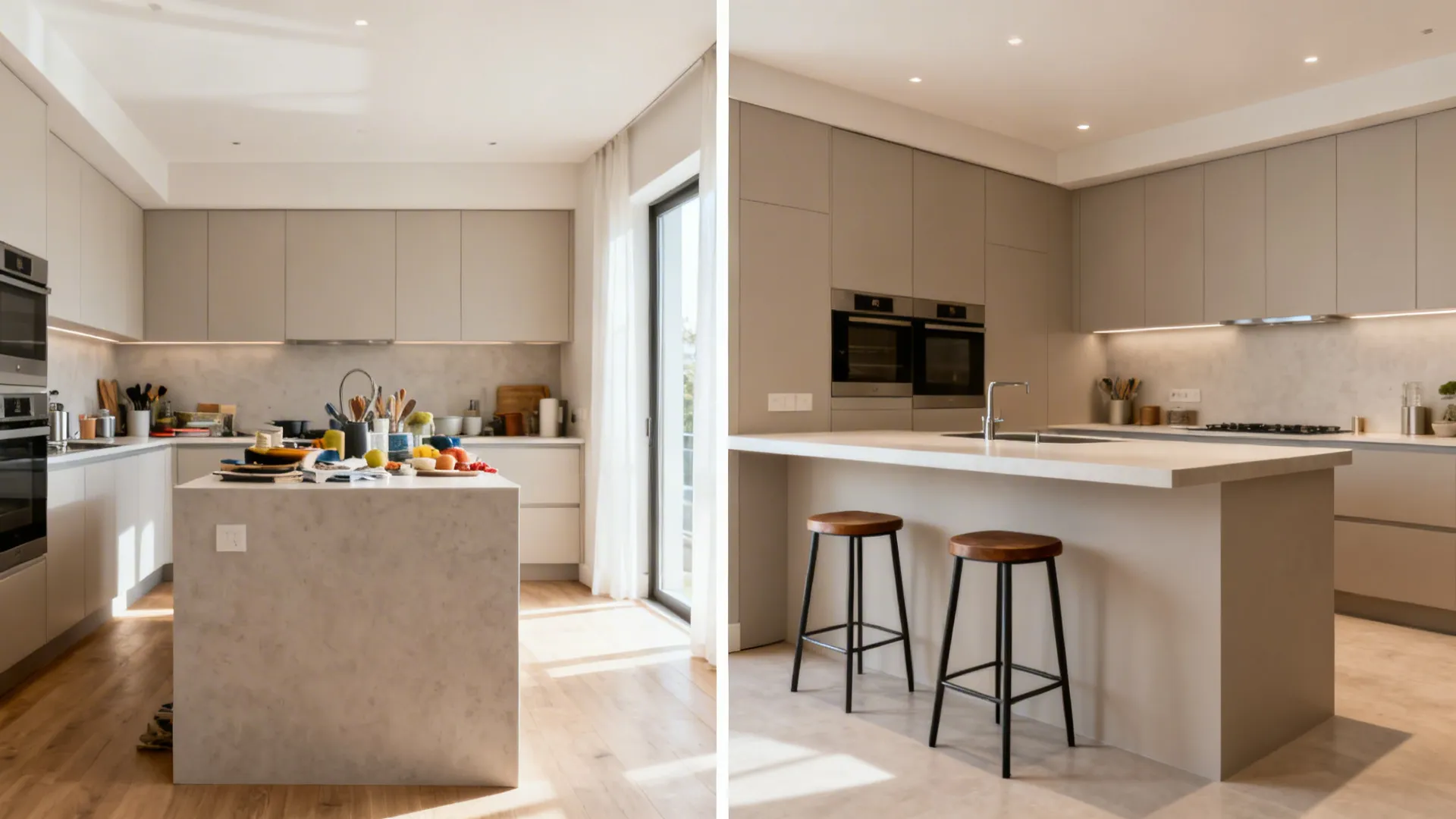 Before and after showing a small kitchen upgraded to a two-level island with better flow.