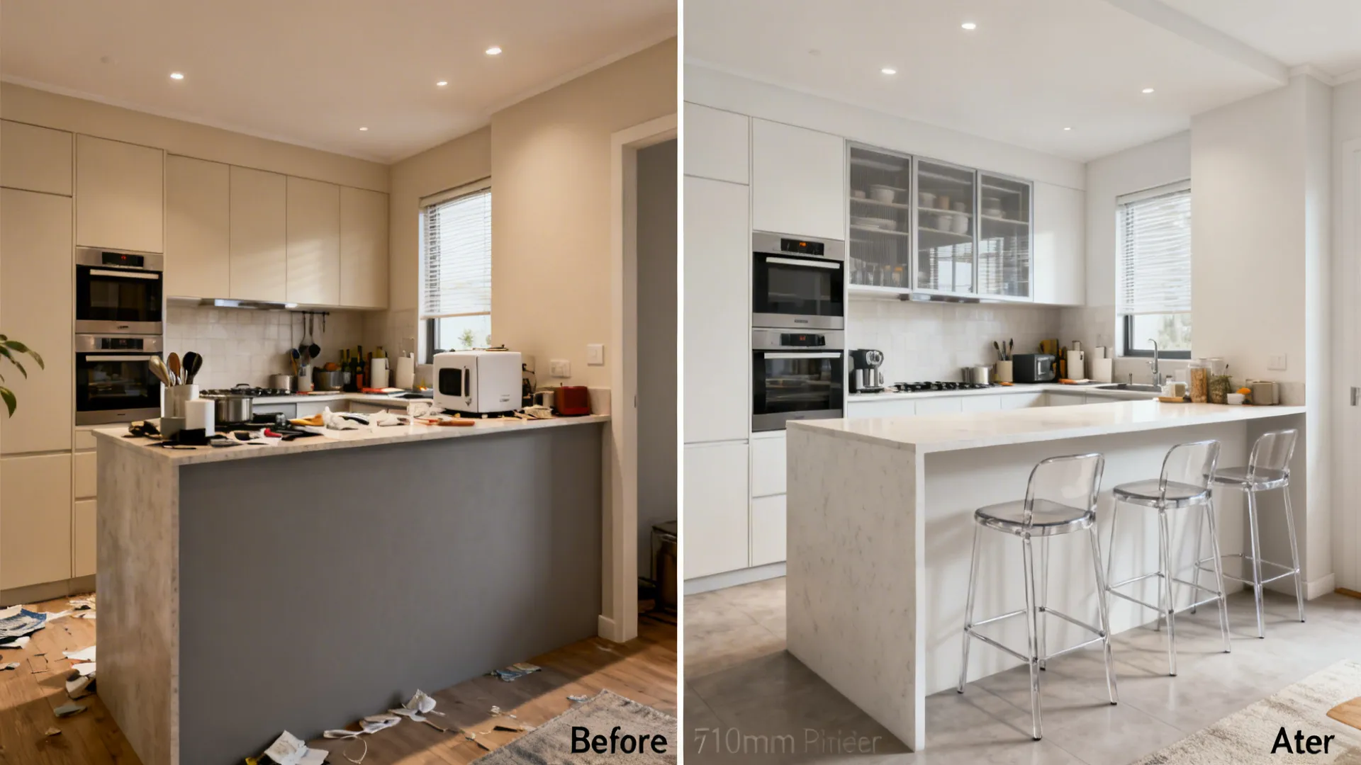 Before-and-after of a small kitchen upgraded to a dual-height breakfast bar.