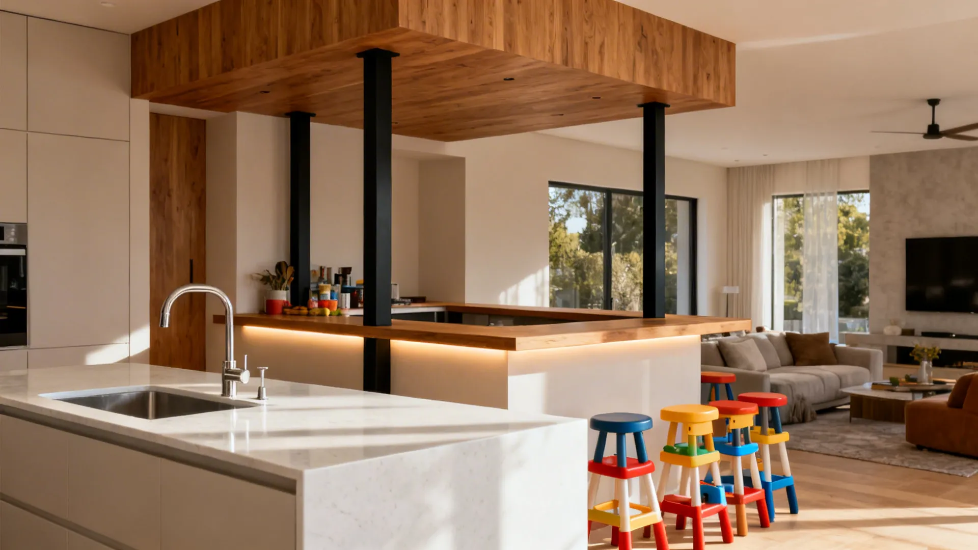 Two-level kitchen bar with a 36-inch prep counter and a 42-inch raised perch facing the living area.
