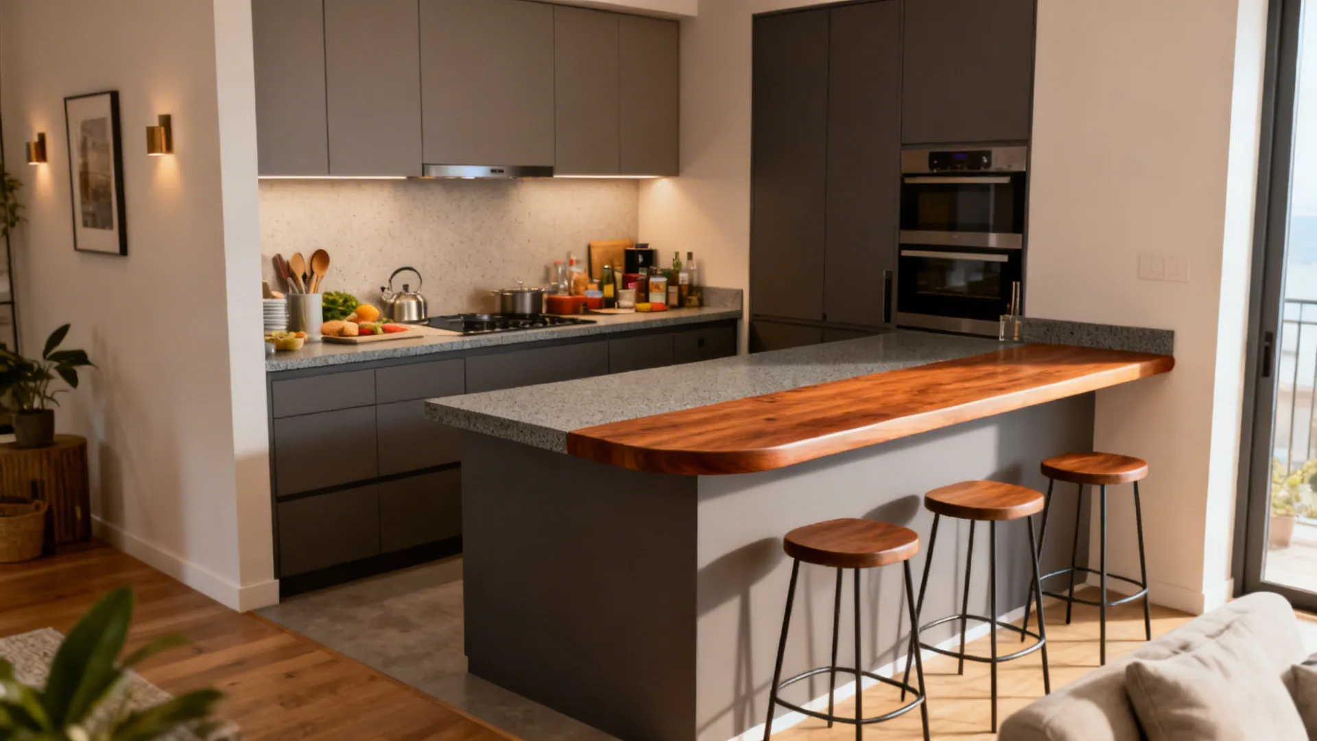 Two-level counter with a lower prep surface and a raised bar ledge separating zones.