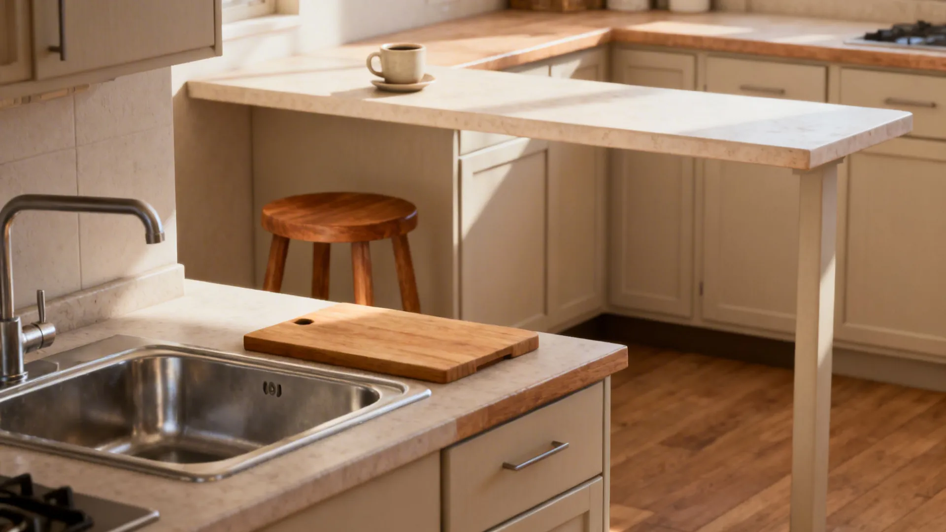 Two-level countertop with lower prep area and raised breakfast bar in a small kitchen