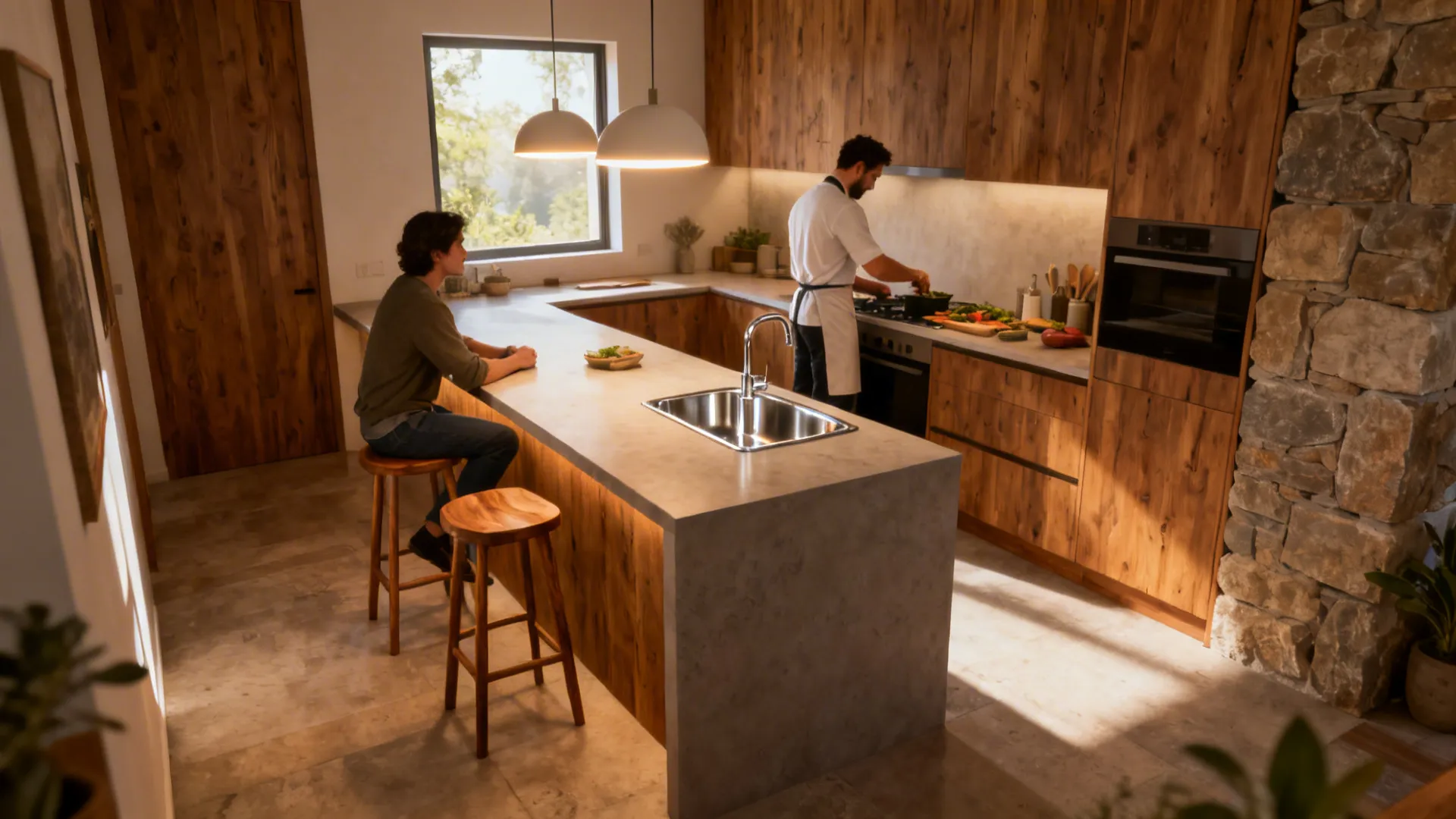 Two-level countertop separating prep area and casual seating in a compact kitchen.