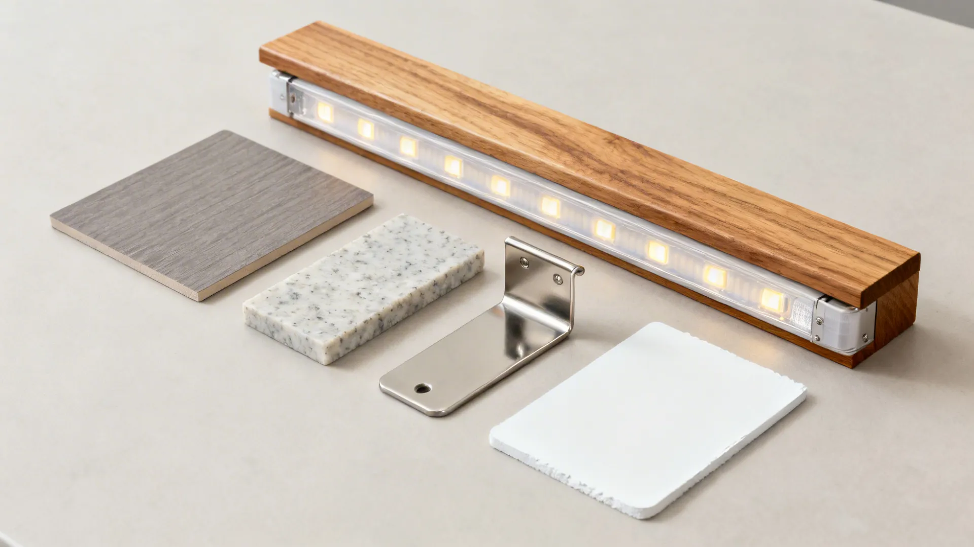 Flatlay of compact laminate, oak veneer, LED strip, brackets, quartz, and white paint swatches.