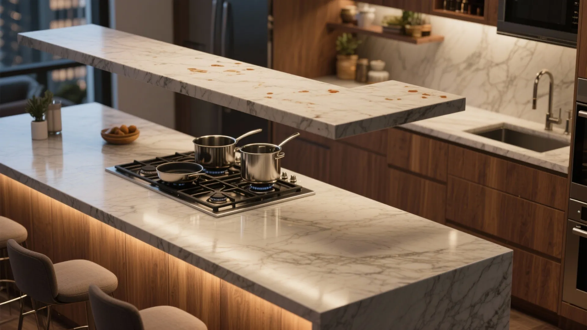 Modern kitchen with marble two level island featuring a gas stove and wooden storage cabinets
