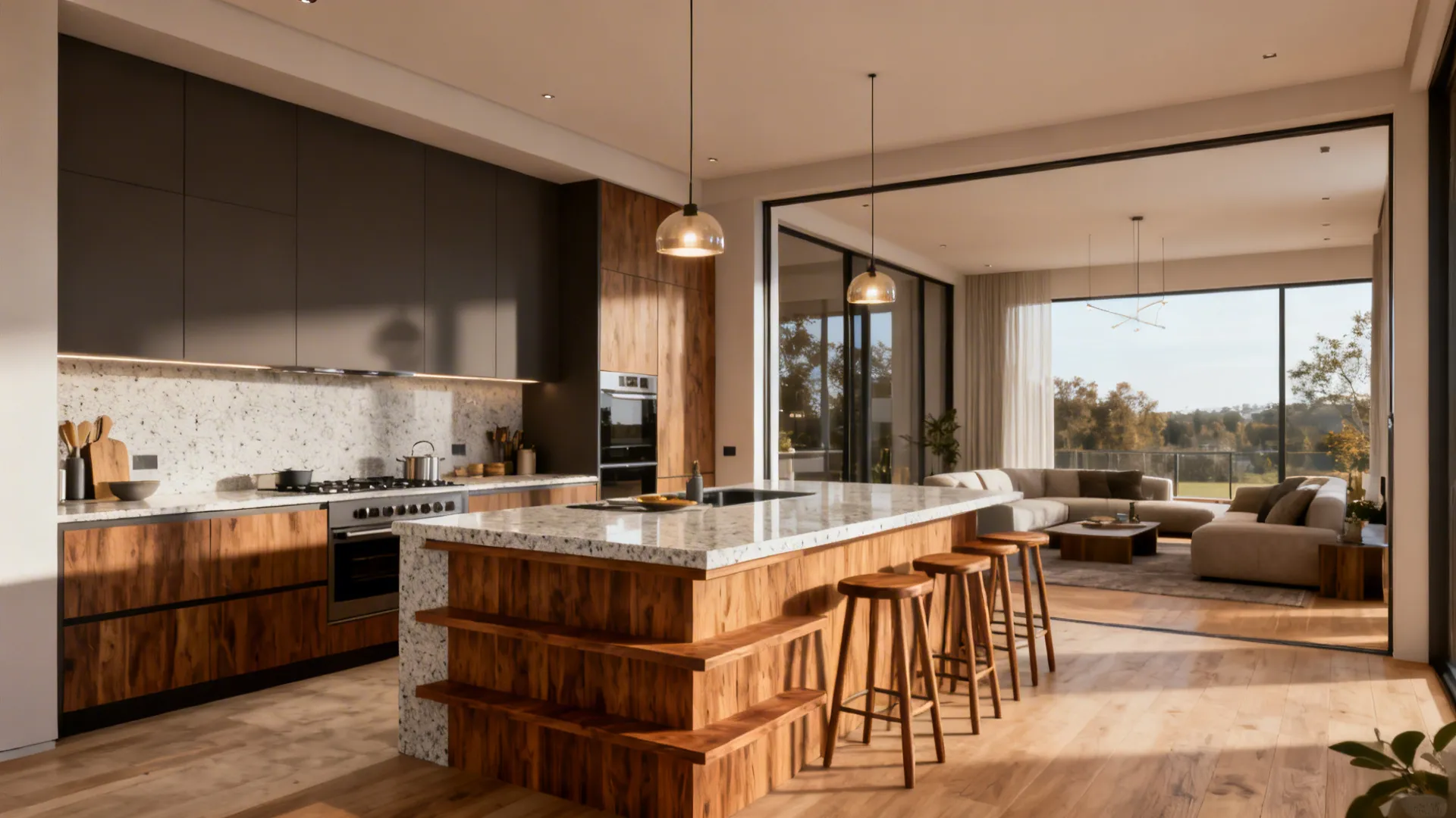 Two-tier island with lower prep surface and raised dining counter in an open L-shaped kitchen.