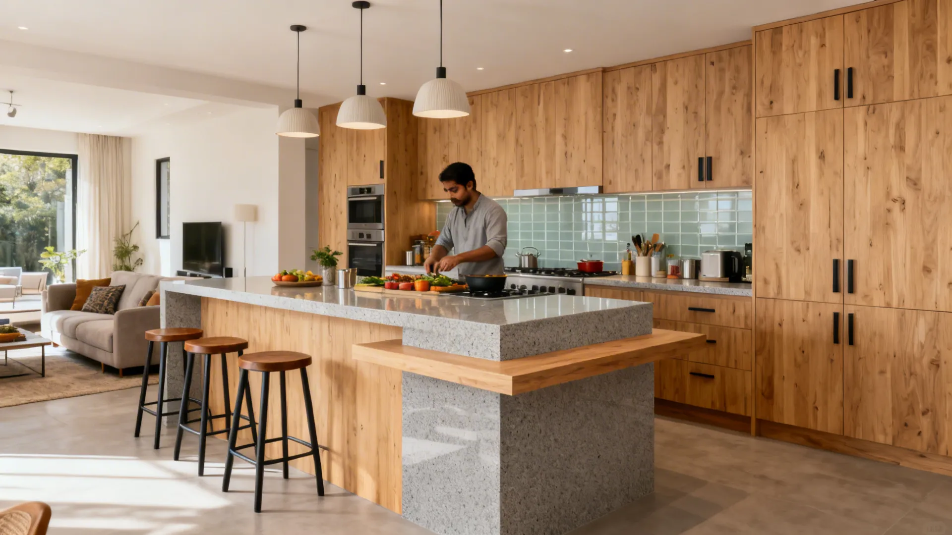 Modern kitchen with wooden cabinets grey stone island three bar stools and a man cooking food