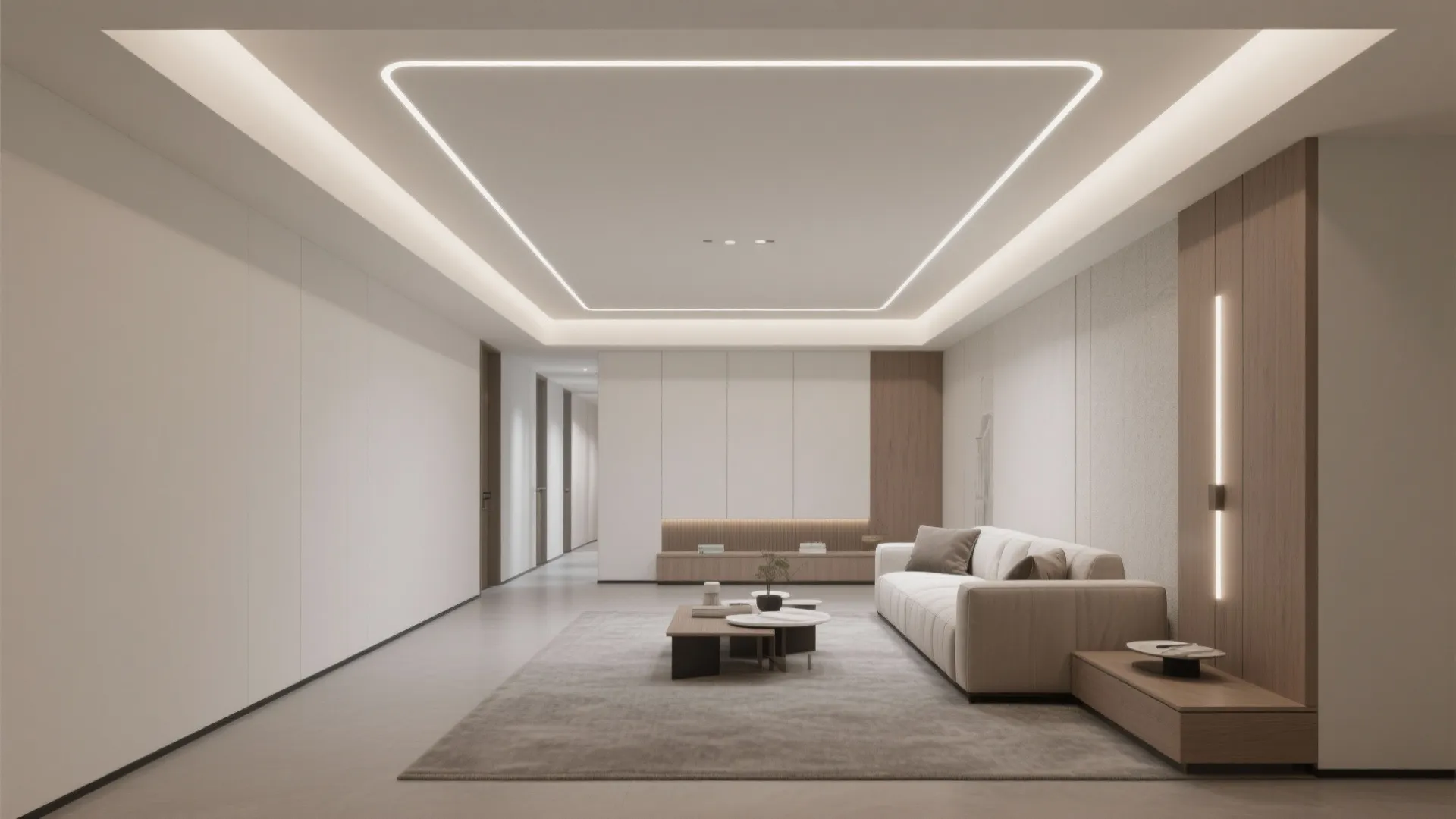 Modern living room featuring a white sofa grey rug coffee table and square ceiling light