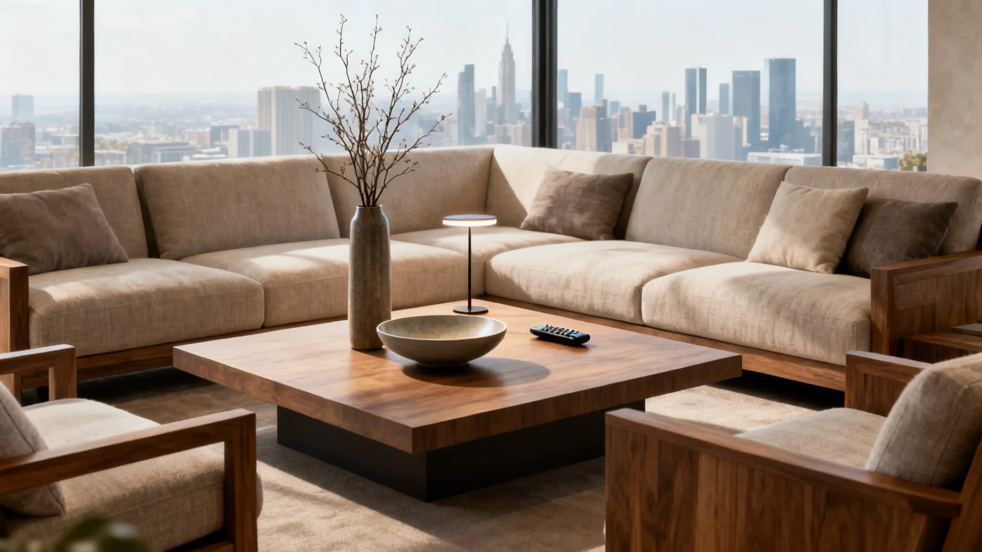 Rectangular centre table with a tall vase and a low wide bowl viewed across a deep sectional sofa.
