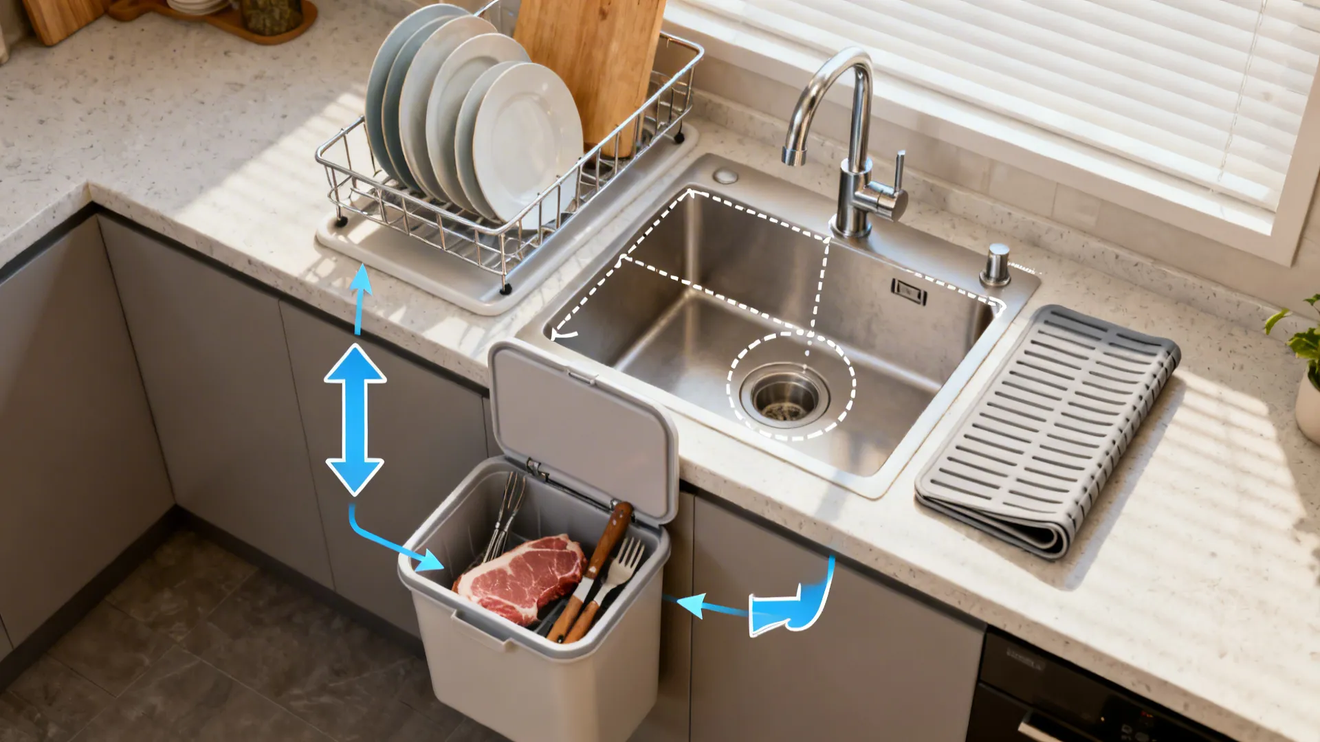 Top-down view showing over-sink rail above and a lidded bin below for separated staging.