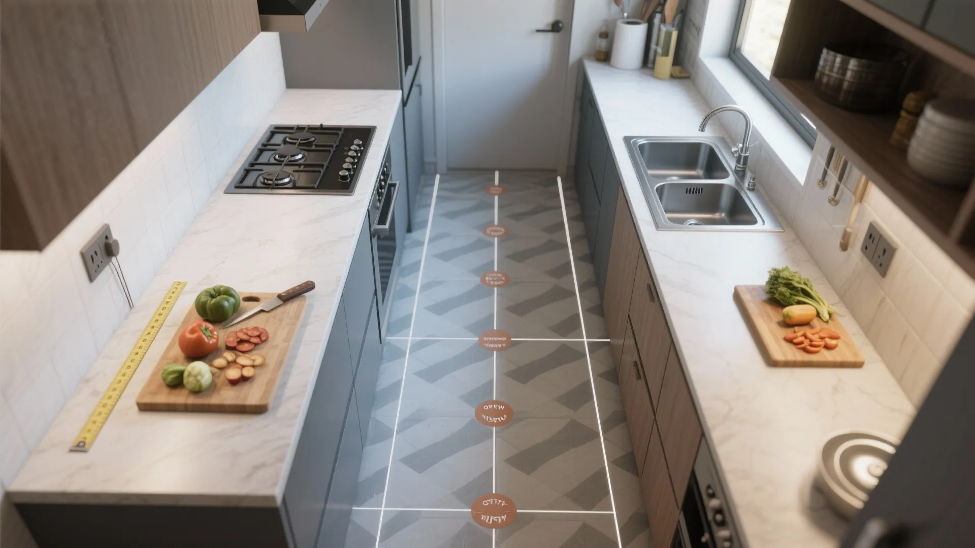 Modern narrow kitchen interior design drawing showing sink stove and wood cutting board with fresh vegetables