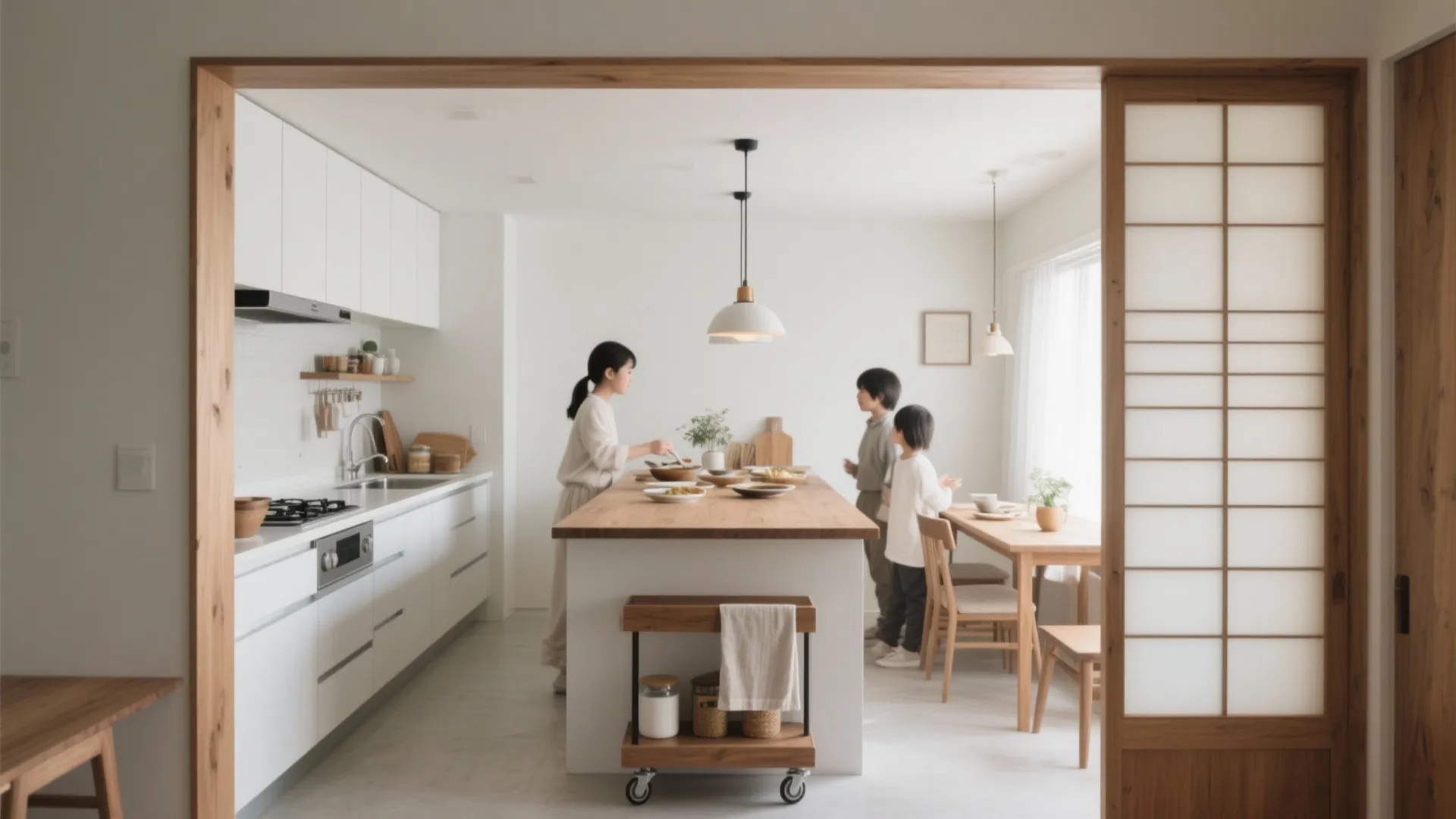 Tips 6: キッチンは“二列”で詰まらせない。配膳カウンターは家族の待合所（动线规划）