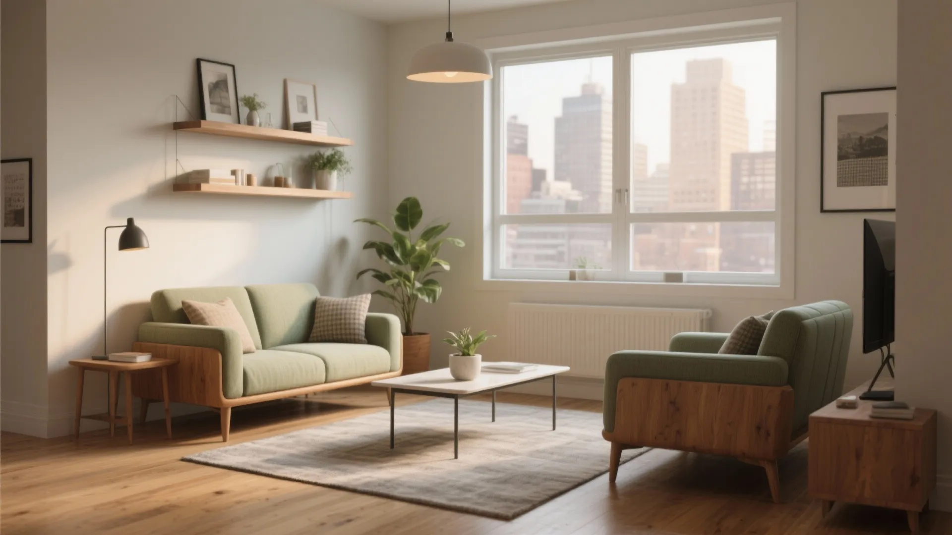 Modern living room featuring two green sofas, wooden coffee table, large windows, and city view