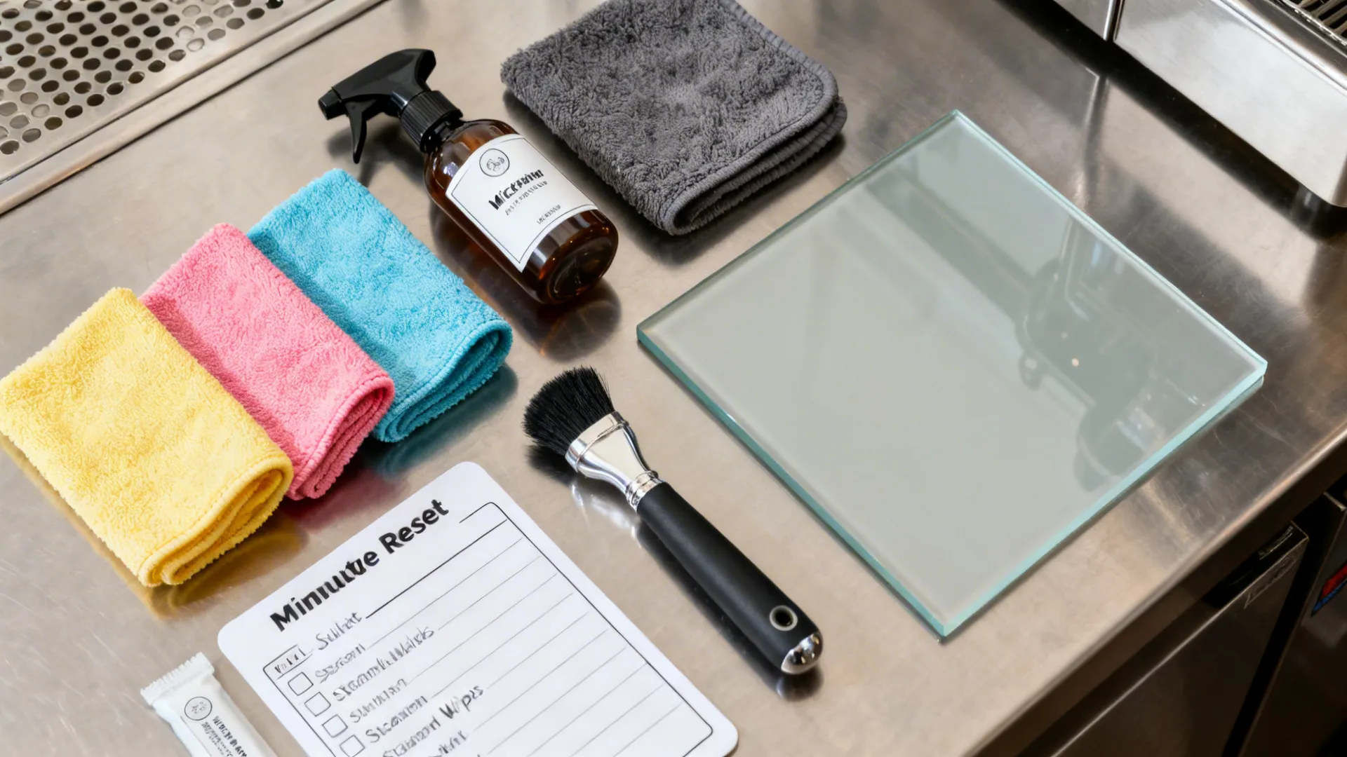 Flat lay of color-coded cafe cleaning tools on stainless beside a satin glass sample tile.