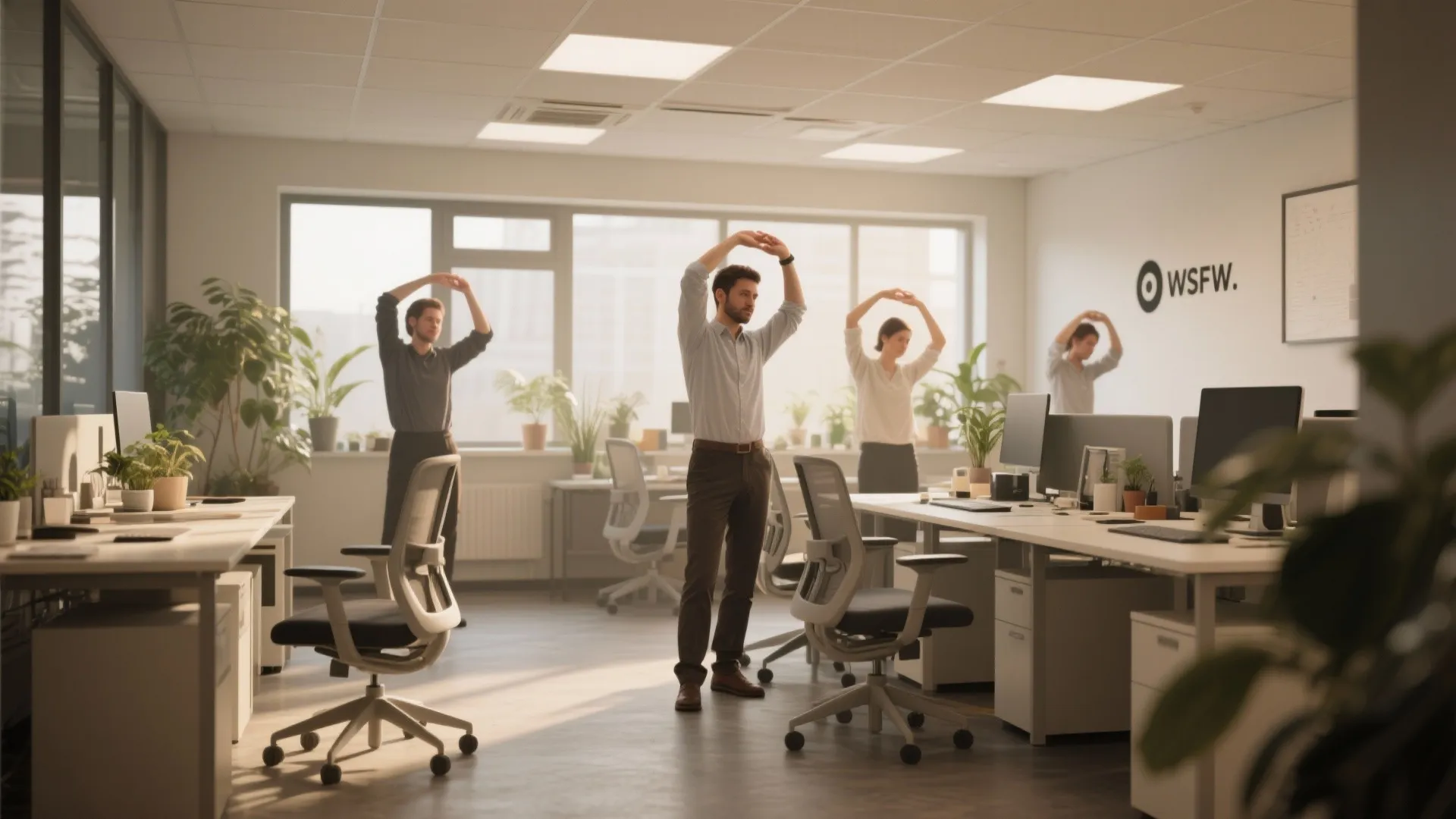 Office workers stretching beside desks in a bright open-plan office