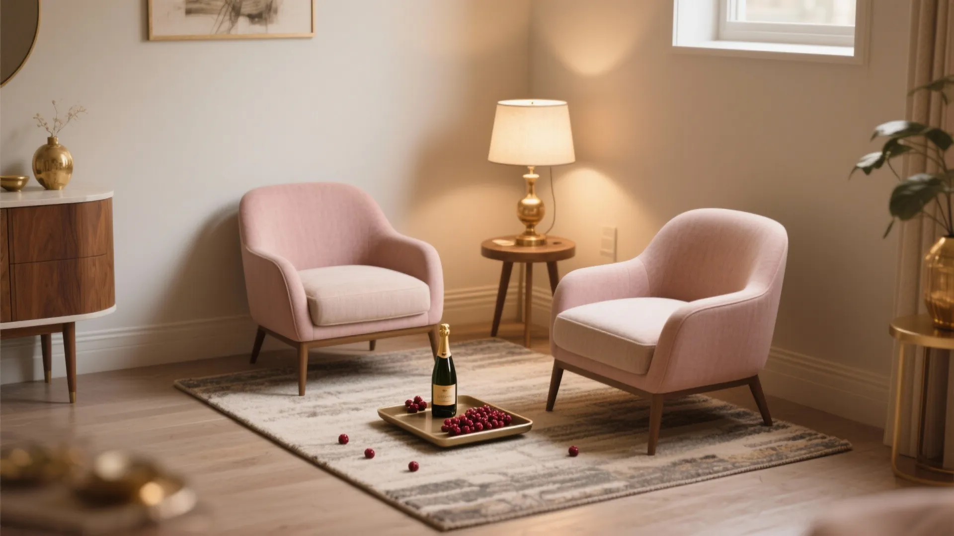 Cozy seating area with two pink armchairs a small table table light and floor rug