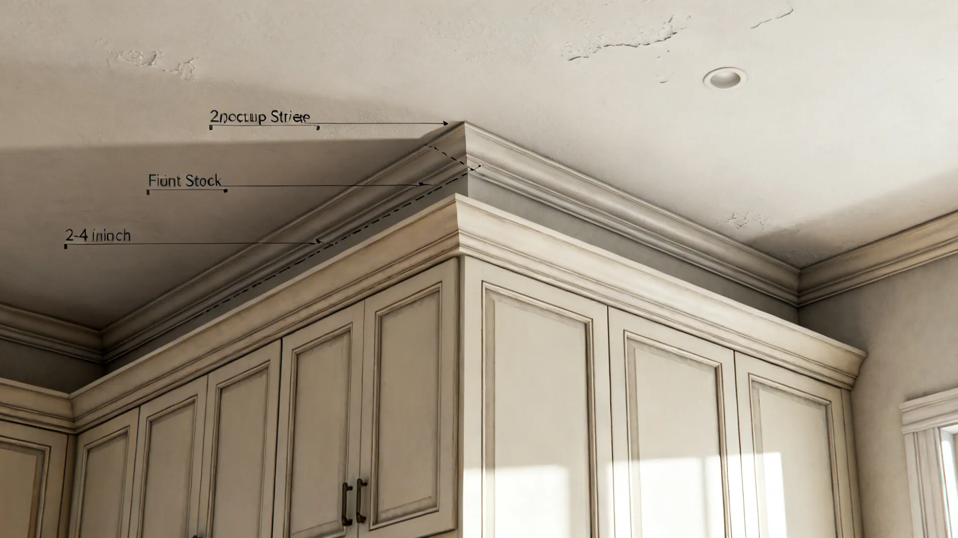 Top-down view of a two-piece crown build-up neatly filling the gap between cabinets and ceiling.