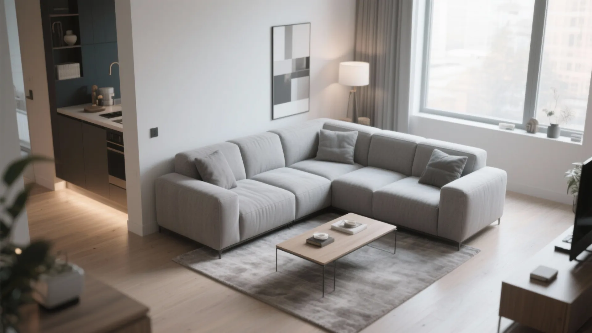 Grey corner sofa on a rug with coffee table in a modern apartment living room