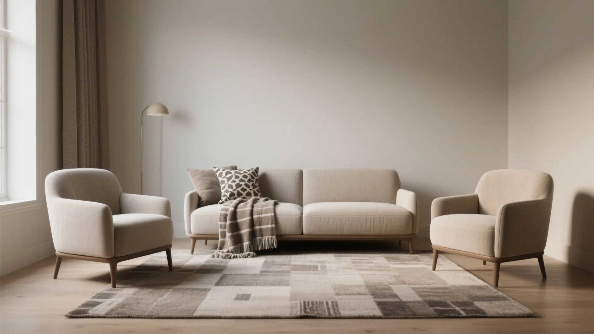 Modern living room furniture set featuring one beige sofa and two matching armchairs on rug