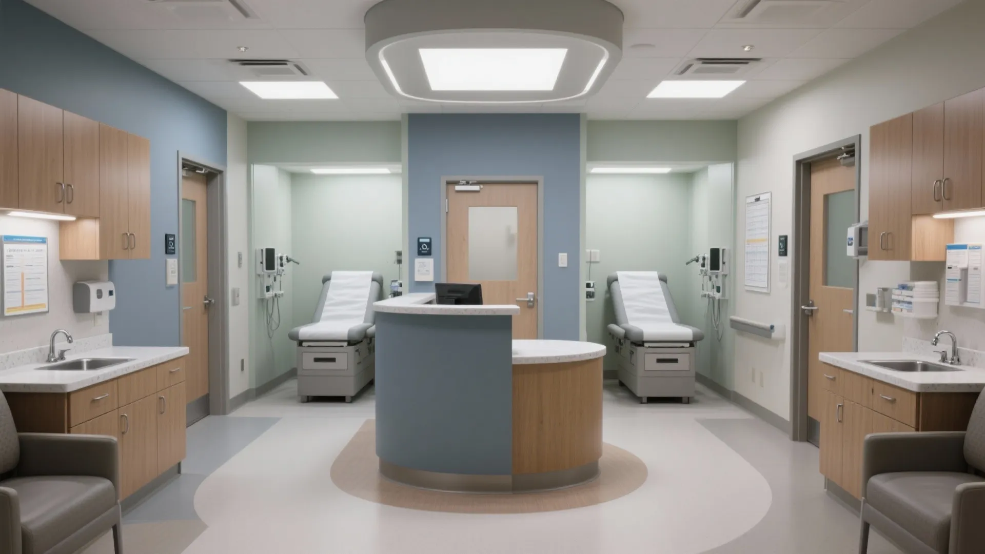 Modern medical clinic with central wood desk, two treatment chairs, sinks, cabinets, and blue walls