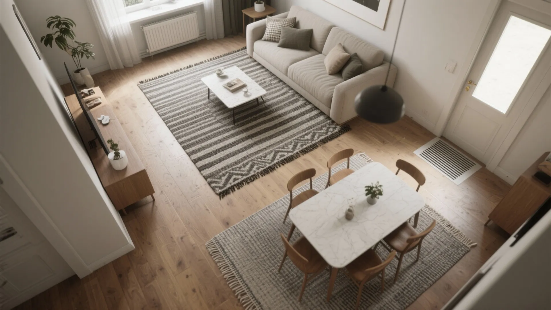 Two-zone rug strategy to define dining and lounging