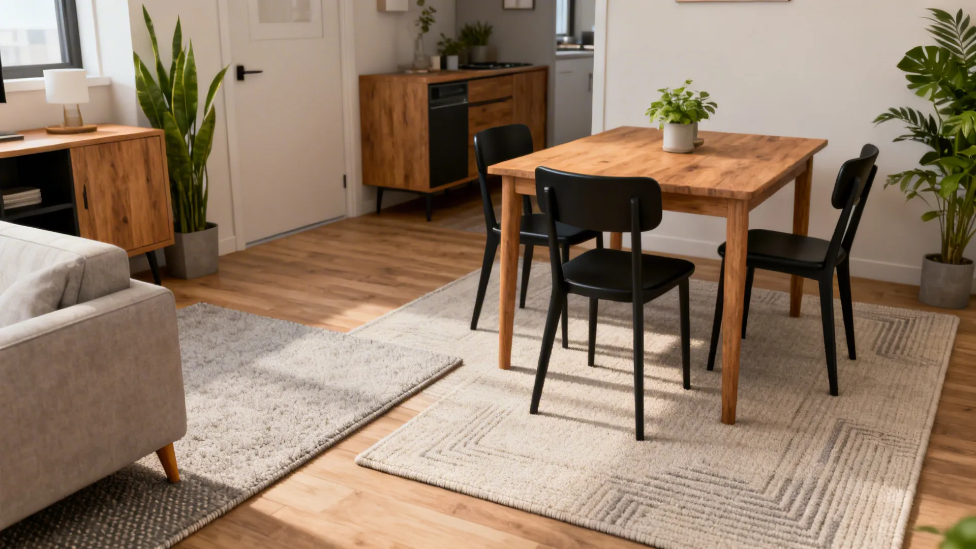Small living-dining room with a flatweave under the table and a low-pile rug in the lounge, both in coordinated neutrals.