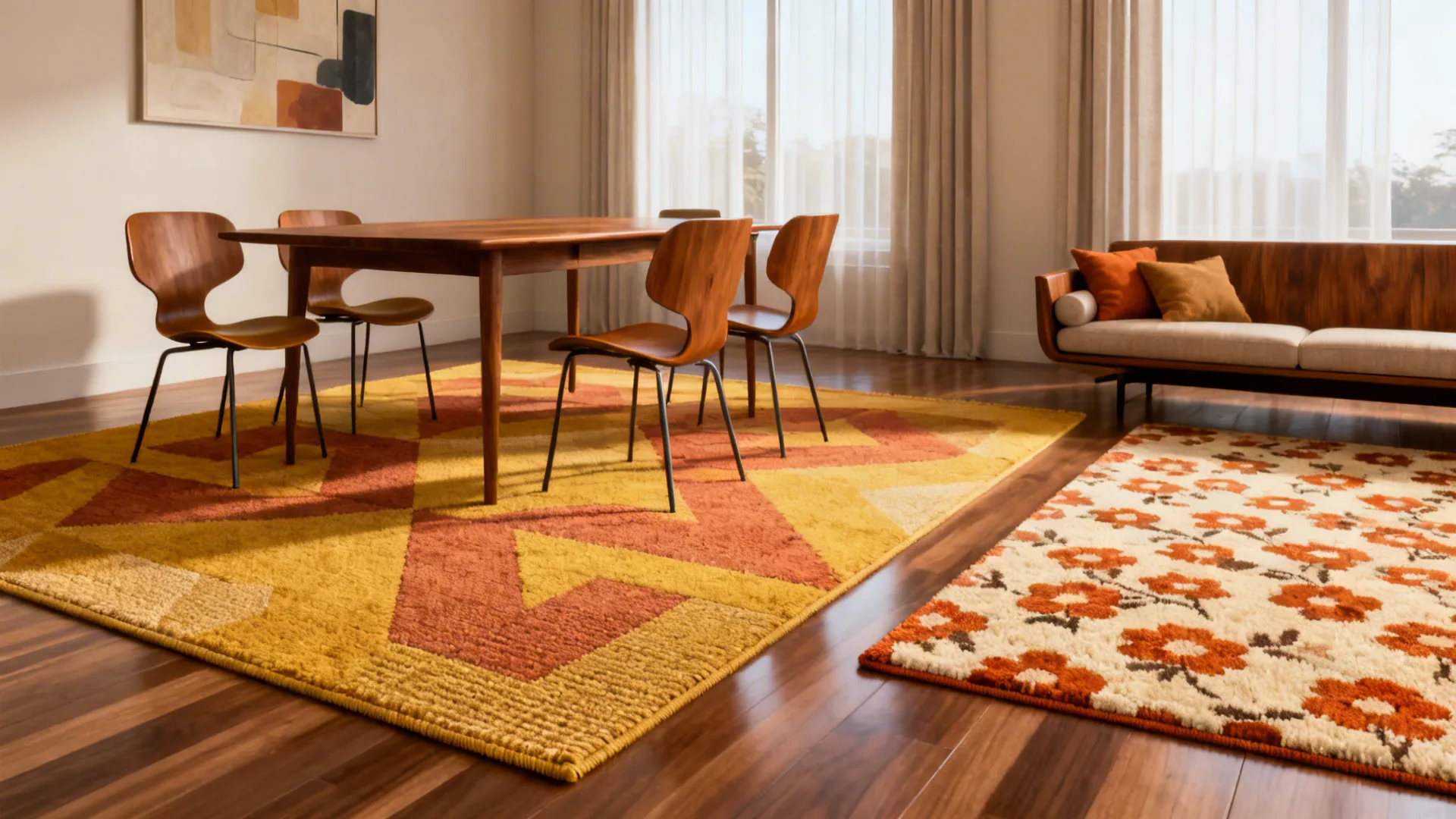 Dining room with wooden table four chairs two patterned rugs sofa and large curtains with windows