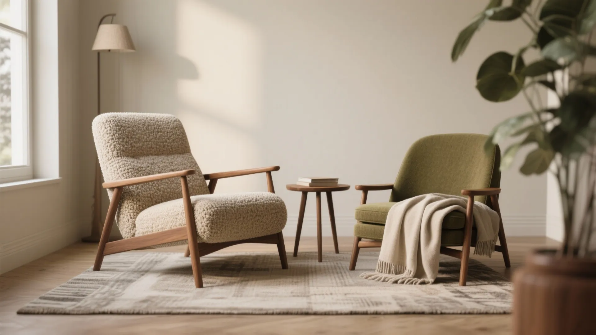 Two comfortable chairs with wooden legs next to a small side table and a tall plant
