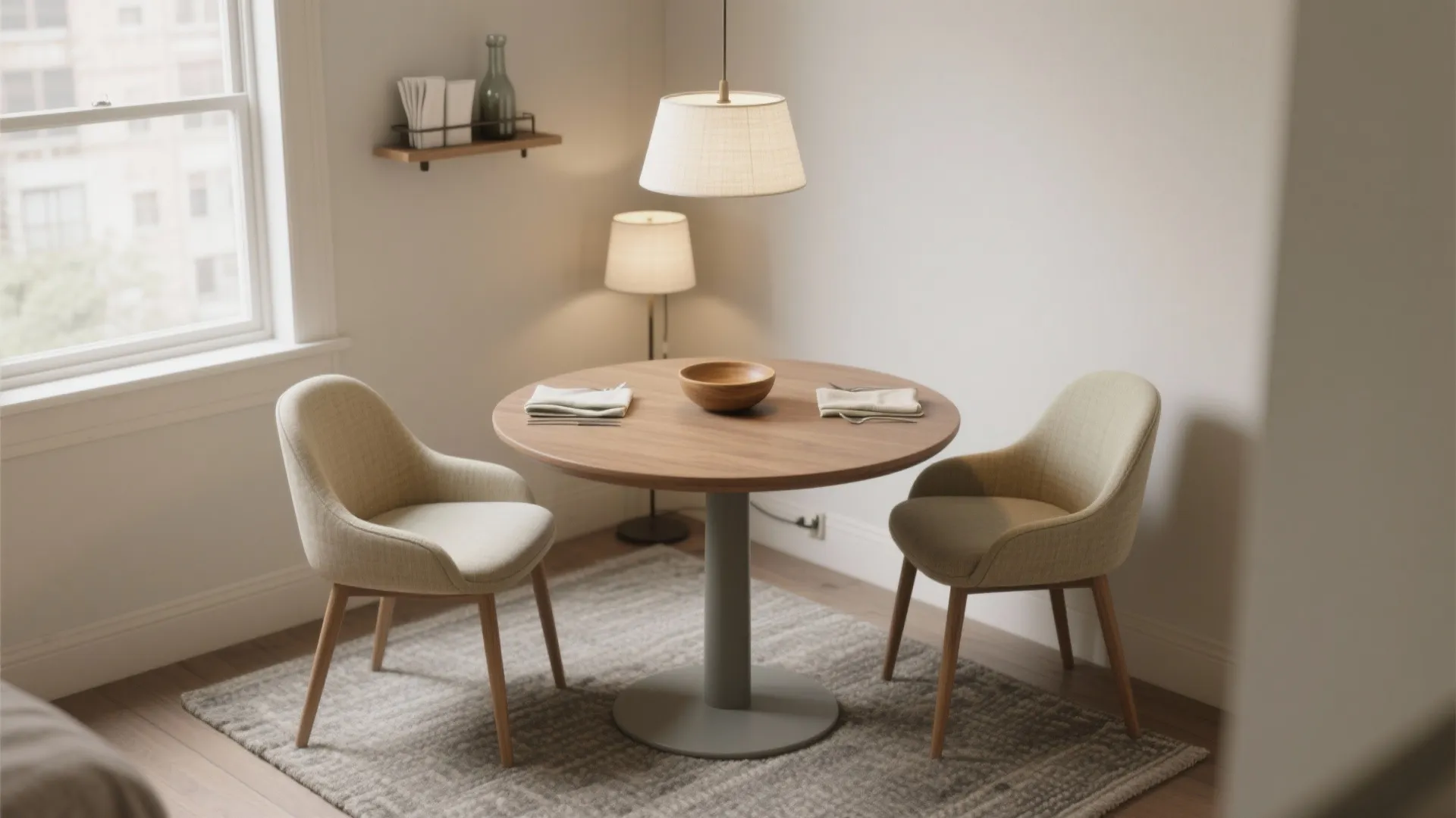Minimalist dining area with round wooden table two beige chairs grey rug and warm ceiling light