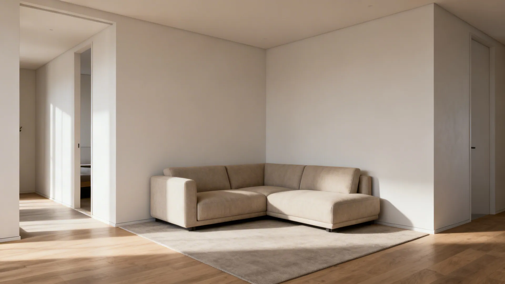Two-seat corner sectional anchoring a compact living room with open walkway