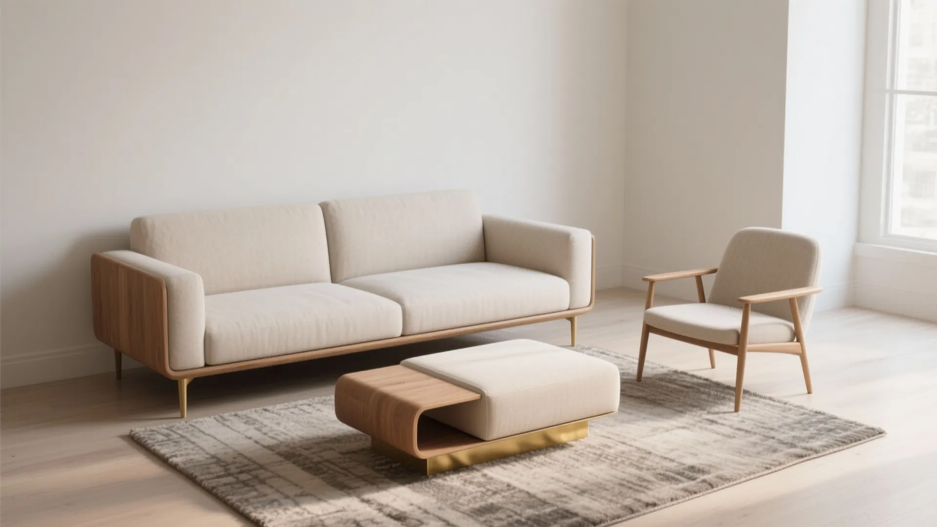 Minimalist living room with beige sofa, wooden armchair, padded footrest, grey rug, and white walls
