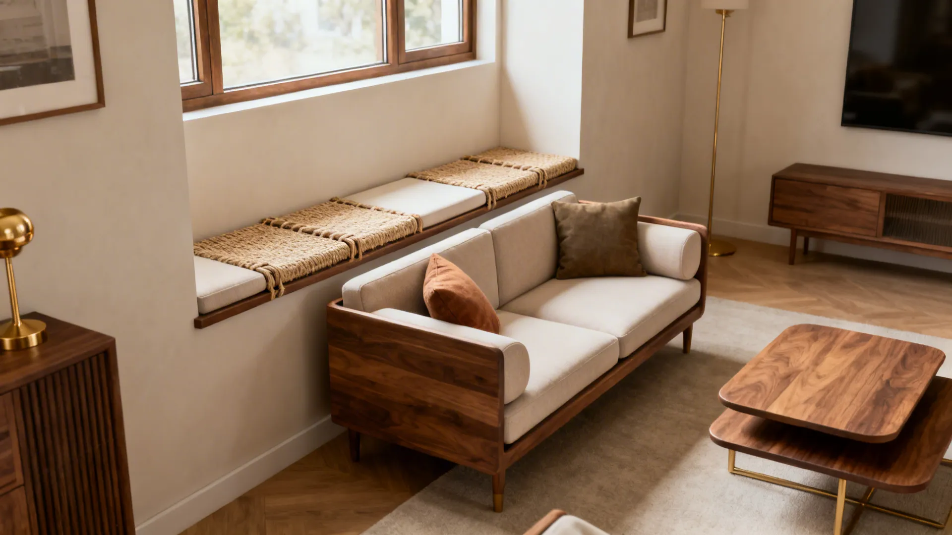 Narrow living room with a compact two-seater and a backless cane bench under the window, coordinated in warm wood tones.
