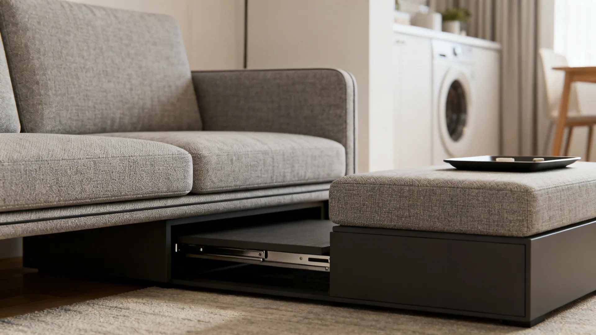 Slim two-seater sofa with a movable lift-top ottoman used as a coffee table