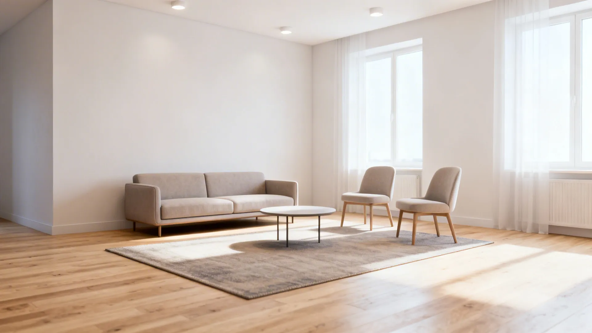 Small living room with a slim two-seater sofa and two movable armless chairs