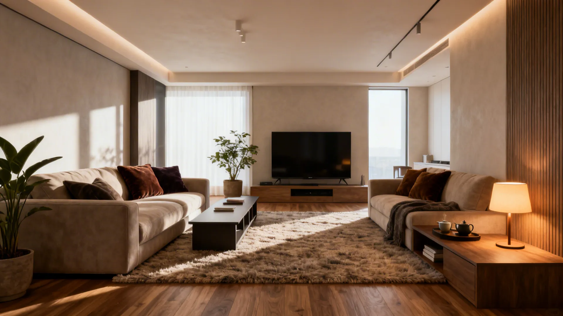 Modern living room with two beige sofas coffee table television wooden floor and warm lamp