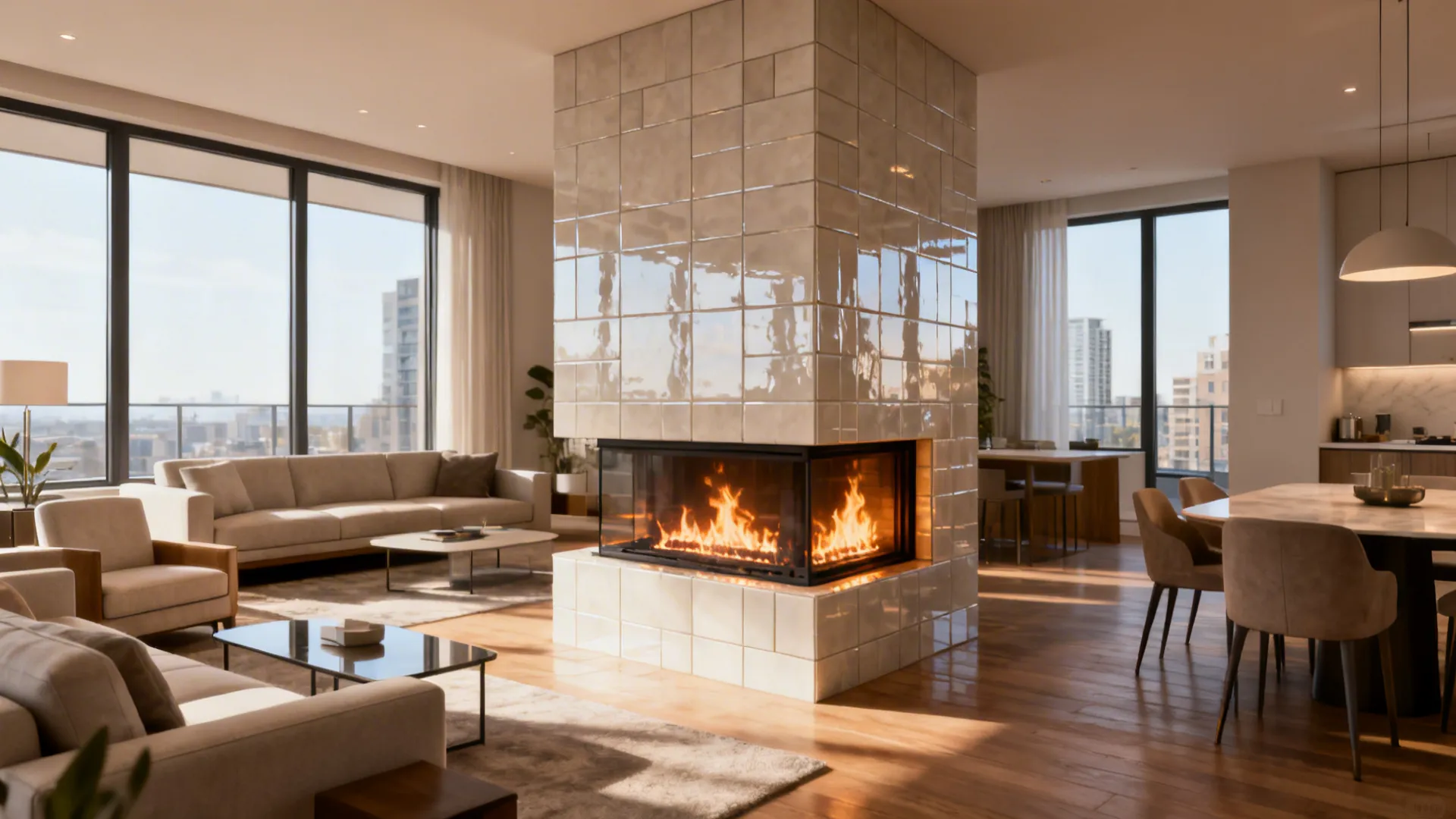 Modern bright living room with large tiled fireplace dividing the seating and dining room areas