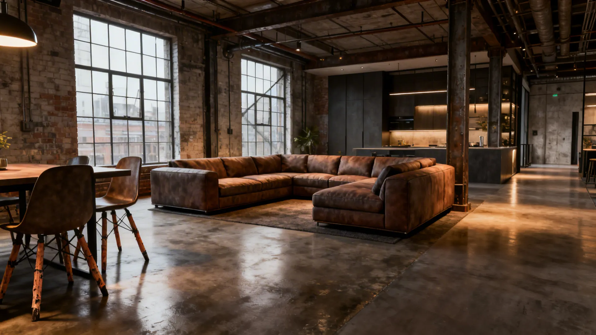 Open-plan loft where a two-sided sectional defines a conversation nook between living and dining zones.