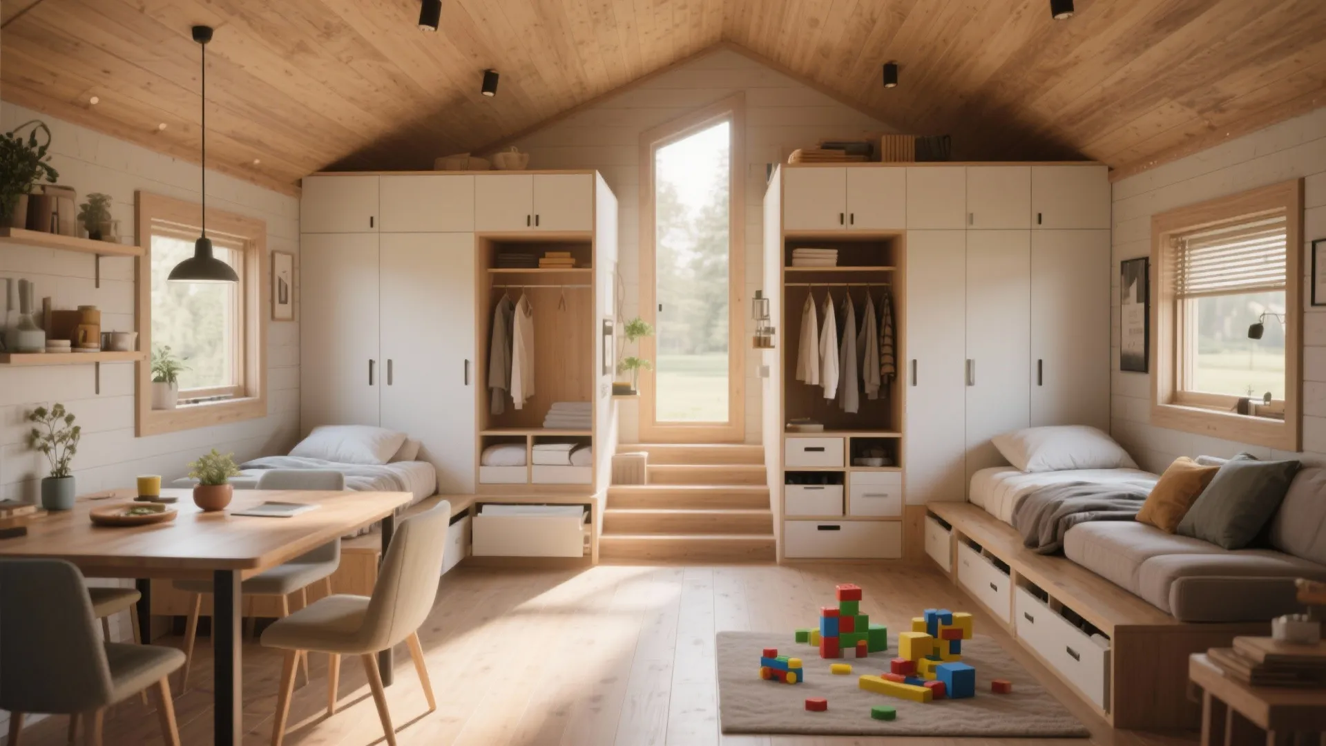 Small bedroom design with twin beds white storage cabinets wooden dining table and toys on floor