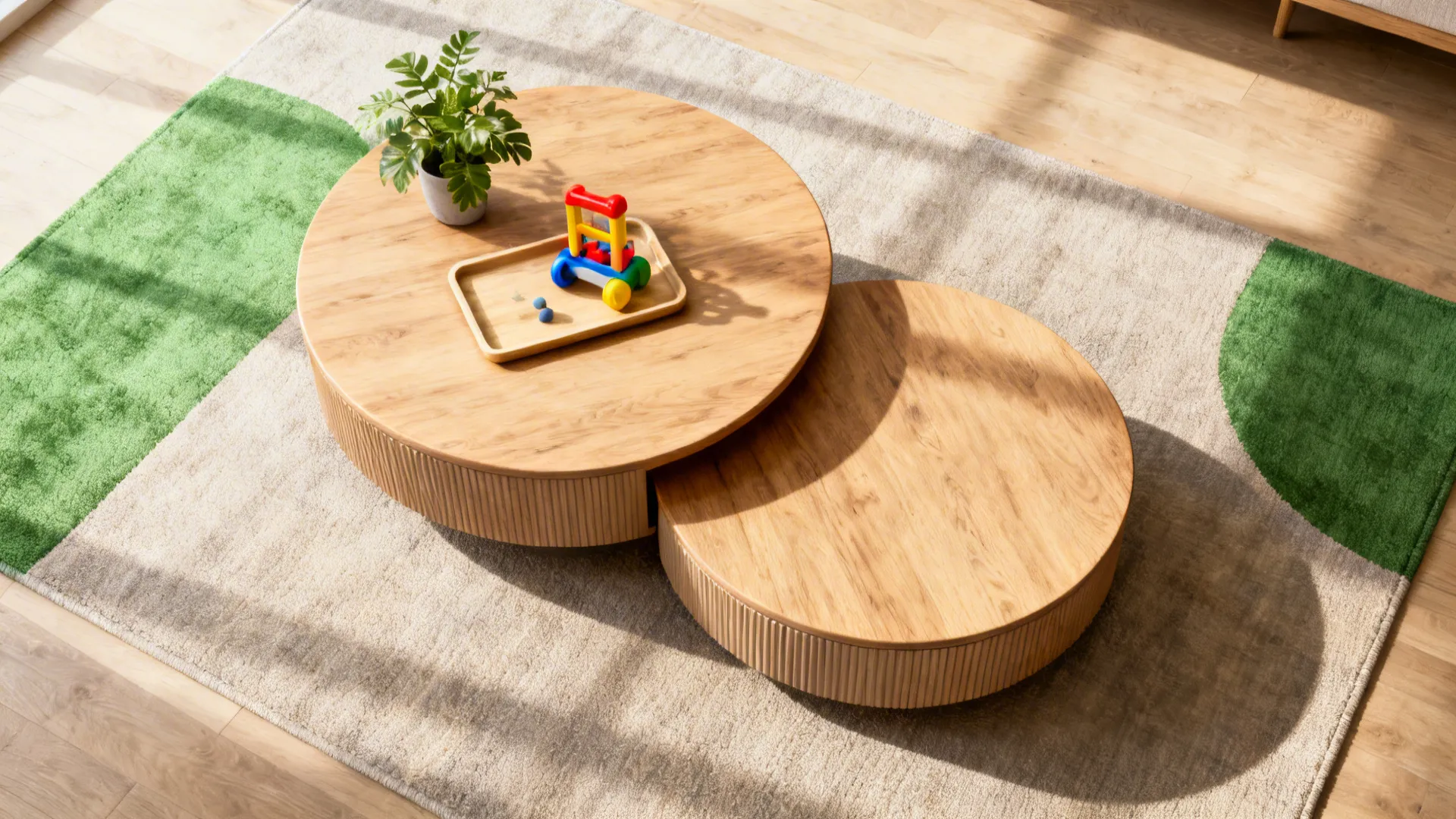 Top-down view of two nesting coffee tables styled to show flexibility for family use.