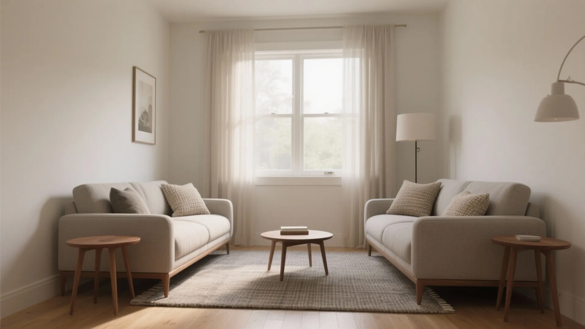 Symmetrical living room design with two matching sofas facing each other over a small wooden table