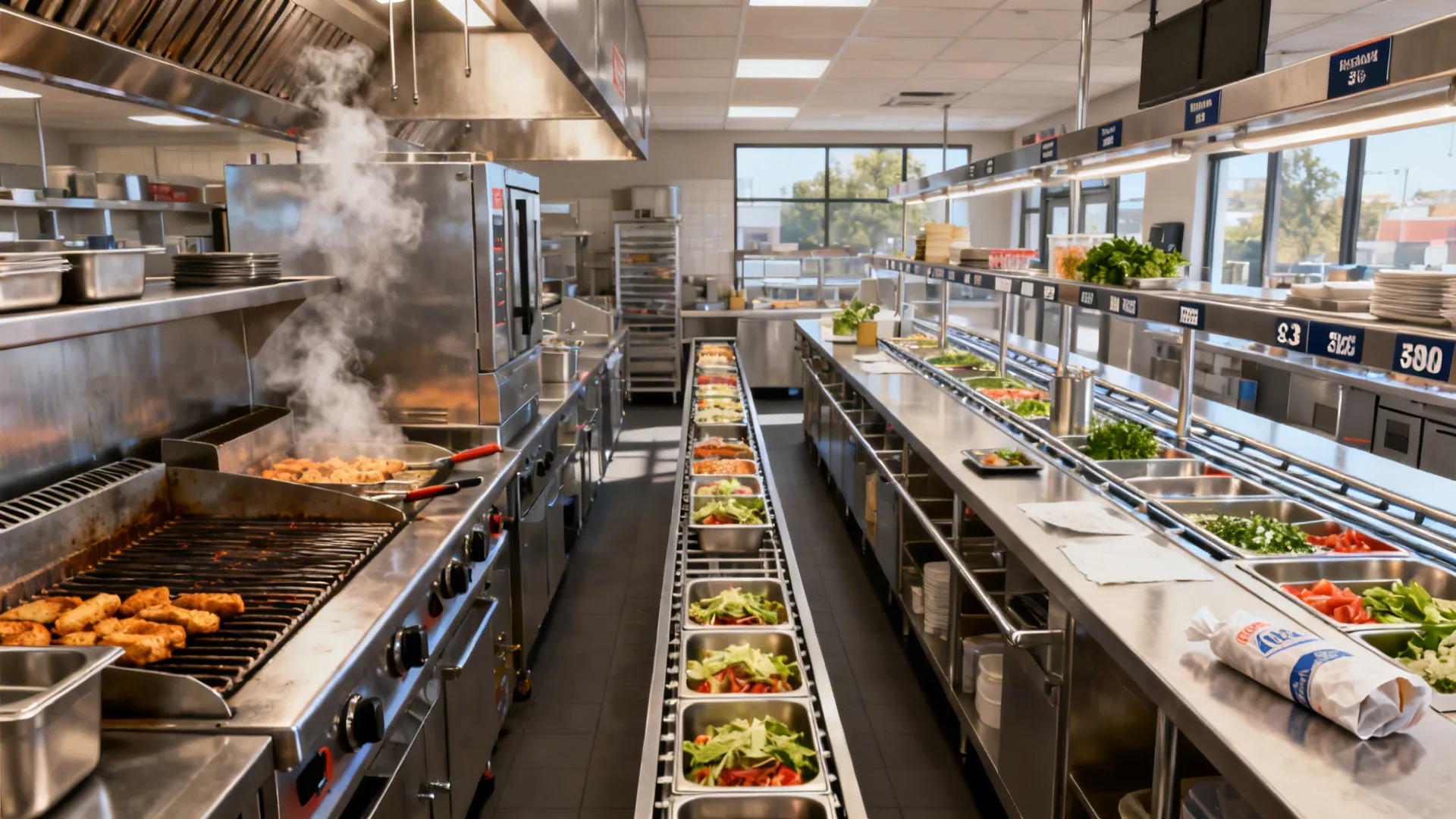 Two-speed make line with batch zone and finisher zone separated by a hot-holding shelf.