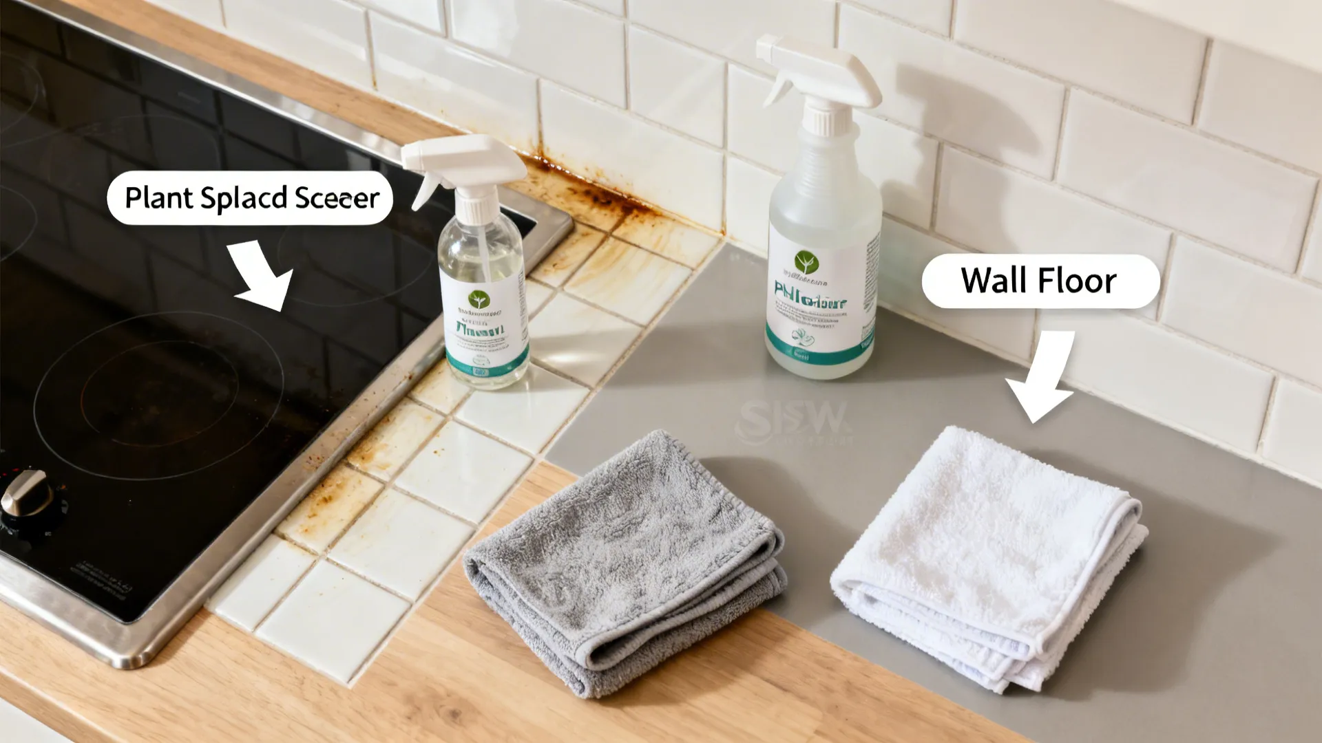 Top-down view of a degreaser and neutral cleaner with microfiber cloths by a clean tile backsplash.