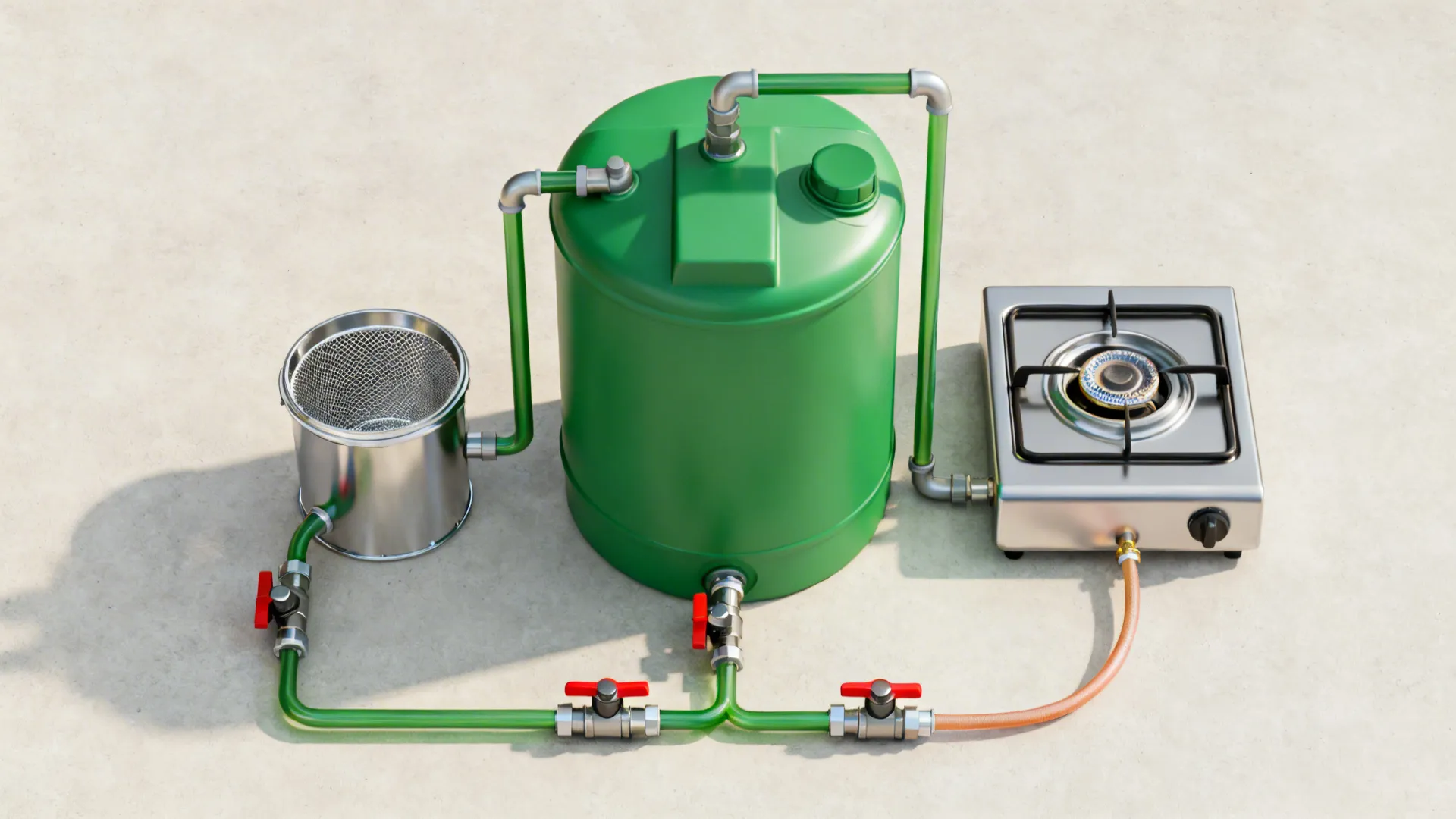 Top-down view of a two-stage biogas setup with a small hydrolysis drum and a main digester tank.