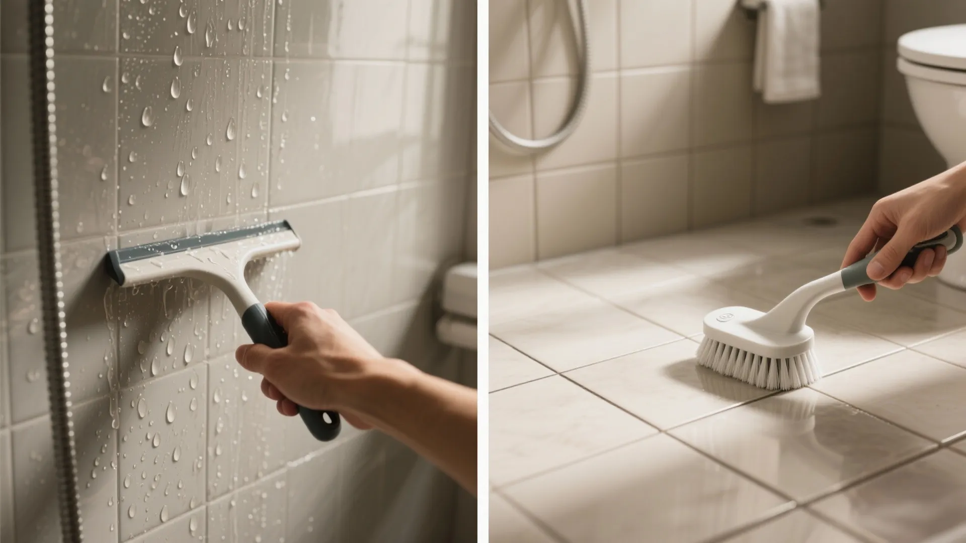 Two photos showing a hand using a squeegee and a brush to clean bathroom tiles